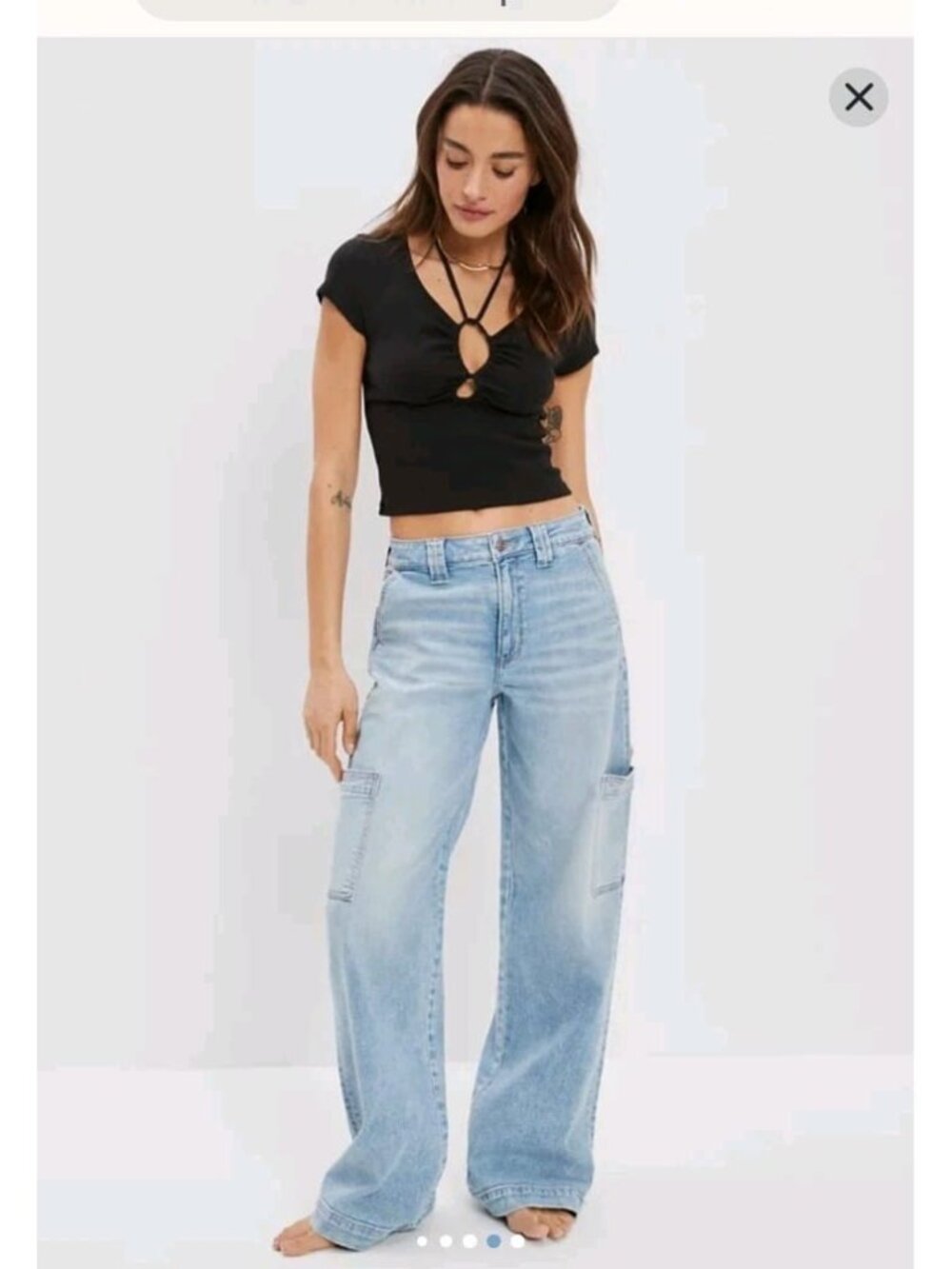 American Eagle Keyhole Tie Front Halter Black Ribbed Crop Top  Sz L( True 8)